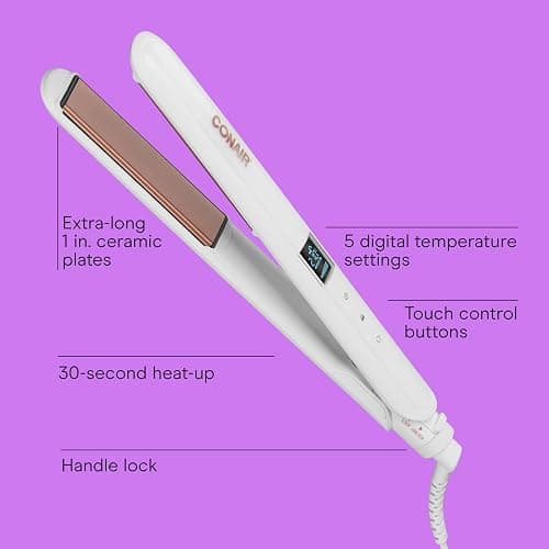 Conair Double Ceramic Flat Iron, 1-Inch Flat Iron, 5 Digital Temp Settings Up to 410°F, Extra-Long Plates, For All Hair Types and Textures, White thumbnail 2