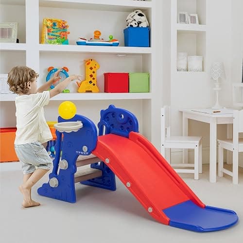 Nyeekoy 3 in 1 Toddler Slide, Kids Slide Climber Playset with Basketball Hoop, Indoor and Outdoor Playground for Kids, Folding Design Freestanding Baby Slide, Easy Assembly - Blue thumbnail 6