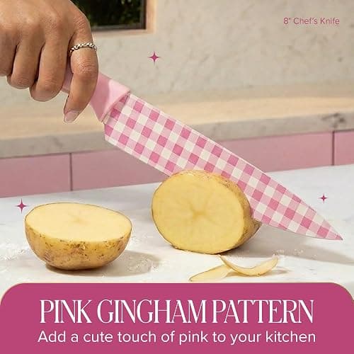 Paris Hilton Kitchen Knife Set, Stainless Steel Blades with Ergonomic Soft Touch Handles and Blade Guards, Gingham Design, 12-Piece, Pink thumbnail 5