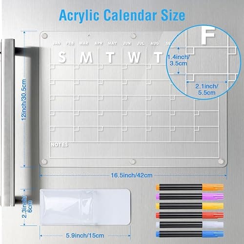 Acrylic Magnetic Dry Erase Board Calendar for Fridge, 16.5"x12" Inch Clear Dry Erase Calendar for Refrigerator, Magnetic Planning Calendars Includes 6 Colors Markers and Magnet Pen Holder thumbnail 3