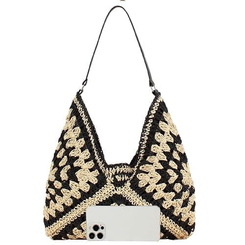 Straw Hobo Bag for Women 2026 Boho Woven Beach Purse Large Summer Straw Tote with Lining Black Raffia Shoulder Bag | straw material - Image 1
