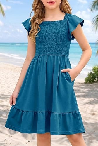 HOSIKA Girls Summer Cute Short Sleeve Smocked Boho Ruffle Tiered Dresses | 6-12Y, Casual, A-line, Square Neck, Ruffle Sleeve, Pockets, Elastic Waist thumbnail 3