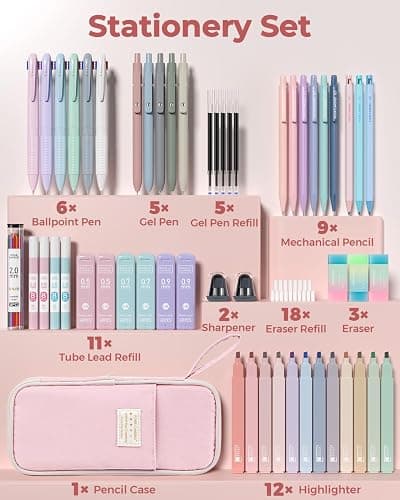 Four Candies 56 PCS Aesthetic School Supplies with Cute Pencil Case, 6 Multicolor Pen, 12 Pastel Highlighters, 5 Gel Pens Black Ink, 9 Mechanical Pencils for Student Stationary Set Preppy Stuff (Pink) thumbnail 2