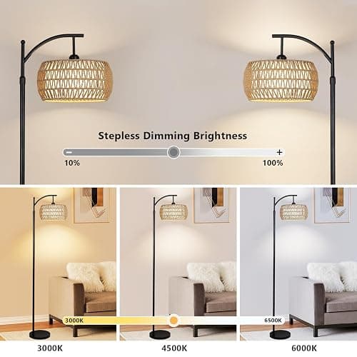 Arc Floor Lamp with Remote Control, Dimmable LED Floor Lamp with 3 Color Temperature, Black Standing Lamp with Rattan & Fabric Double Drum Shade, Boho Farmhouse Tall Pole Lamp for Living Room Bedroom thumbnail 2