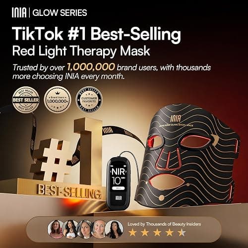 INIA Red Light Therapy Mask for Face, 850nm NIR, Red/Blue LED Light 4 Modes | Visible Results in Just 4 Weeks, 220 LEDs, 105mW/cm² Output, 2600mAh Rechargeable Battery, 10-30min Timer, Auto Shut-off thumbnail 2