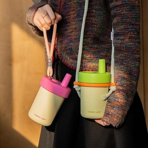 CHAKO LAB Kids Water Bottle with Carrying Rope and Straps | Vacuum Insulated Stainless Steel 16oz for School and Trvels | Two Travel Carrying Options | Matcha Green thumbnail 2