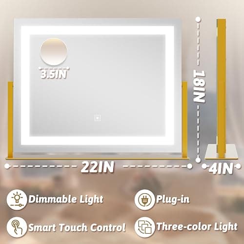 ROLOVE Vanity Mirror with Lights 22"x18", Lighted Makeup Mirror with 10X Magnification, Smart Touch 3 Colors Dimmable, 360° Rotation, Women Gift, Dresser Mount, Bathroom (Gold) thumbnail 2