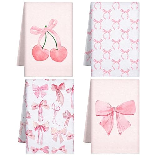 Macarrie 4 Pcs Coquette Kitchen Towels Microfiber,Pink,Bow | Ideal for Drying Cleaning Dishes, Decorative Farmhouse Style, Soft Absorbent Hand Towel Set, Cute Design, Housewarming Gift - Image 1