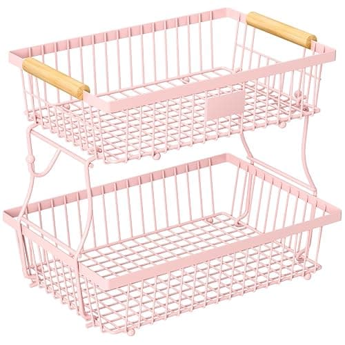 Astrorhine 2 Tier Fruit Basket for Kitchen Counter with 2 Banana Hangers, Countertop Metal Fruit Bowl with Wooden Handle, Large Storage Stand for Vegetables, Snacks, Breads, Produce Storage – Pink - Image 1
