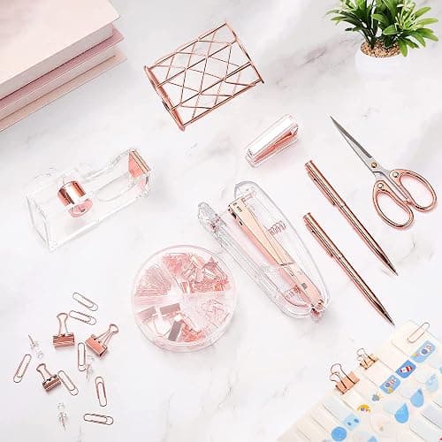 Famassi Rose Gold Desk Accessories，Office Supplies Set Acrylic Stapler Set Staple Remover, Tape Holder, 2 Ballpoint Pen, Scissor, Binder/Paper Clips and 1000pcs Staples. thumbnail 2