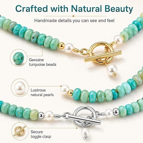 Jewelry Dainty Handmade Beaded Necklace, Turquoise and Pearl Beads, Turquoise Jewelry for Women thumbnail 3