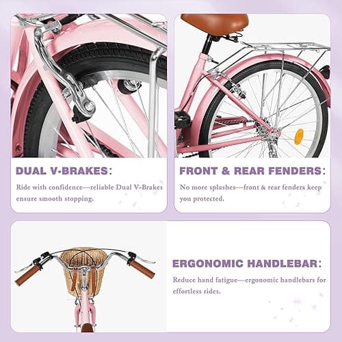 Max4out Beach Cruiser Bike for Adult, Womens Bicycle with Rattan Front Basket, 24 & 26 Inch Comfort Bikes with Adjustable Seat and Dual V-Brake (Pink & White & Green & Purple & Black) - 24 - Pink thumbnail 8