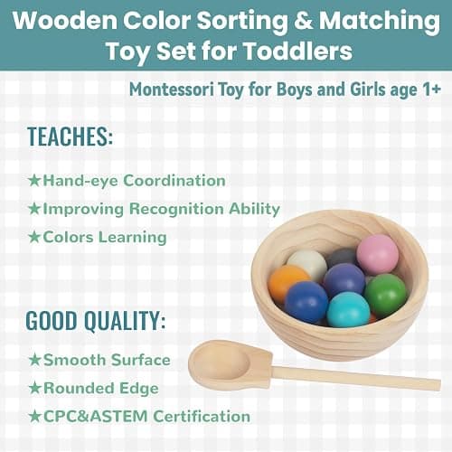 Rainbow Balls in Cups Toddler Montessori Toys for 3 Year Old Up, Kids Preschool Wooden Matching Games for Learning Color Sorting and Counting thumbnail 7