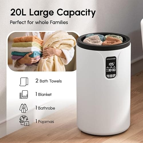 USHOWER Towel Warmers for Bathroom, 20L Large Towel Warmer Bucket for Spa, LCD Screen Display Time, Temperature, Auto Shut-Off Towel Heater Fits Two 40"x70" Oversized Towels, Blankets, Bathrobes, PJ’s thumbnail 4