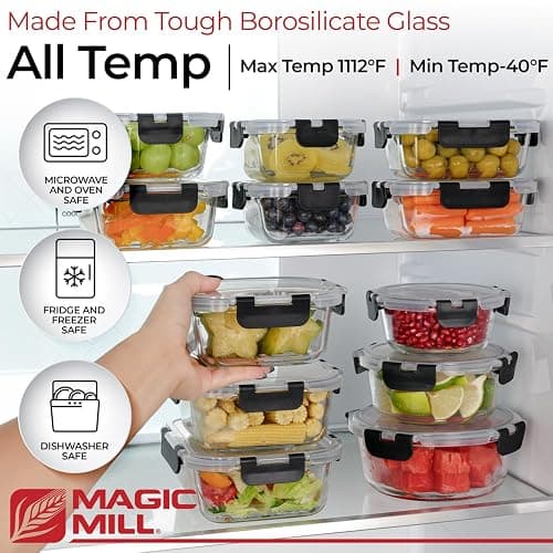 Magic Mill Premium Borosilicate Glass Food Storage Containers with lids Set | 24pc Sets with 12 Bowls & 12 Airtight Locking Lids for Lunch & Meal Prep, Safe for Oven, Freezer, Dishwasher, BPA-Free thumbnail 3