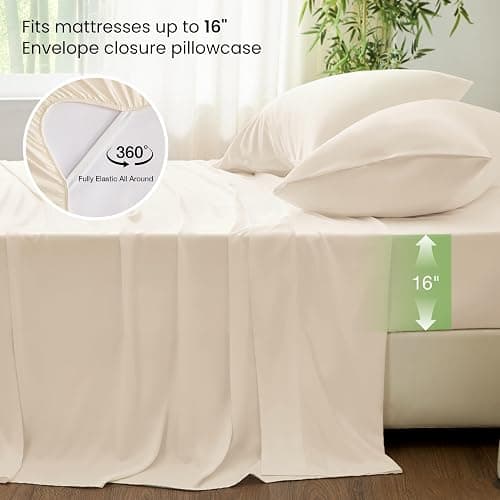 Love's cabin 4 Piece Full Size Sheet Set, 100% Rayon Derived from Bamboo, Cooling & Breathable, Soft Silky Deep Pocket up to 16", Hotel Luxury Bedding for Hot Sleepers, Beige thumbnail 4