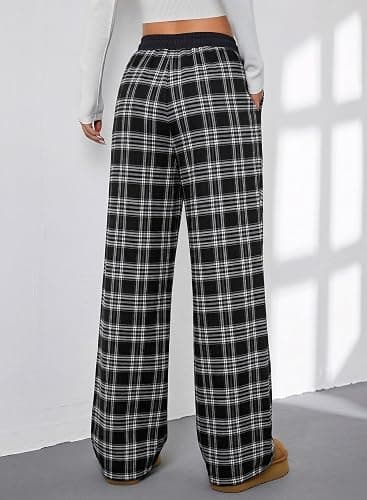Aleumdr Women's Plaid Wide Leg Sweatpants Gingham Baggy Lounge Pajama Pants | Plaid Checkered Pants, Baggy Lounge Pants, with Pockets, Drawstring Elastic Wait, For Spring Fall, Comfy Loose Fit, PJ Bottom thumbnail 3