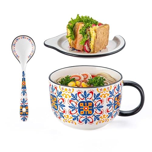 Chubacoo Soup Bowl with Lid & Spoon: Ceramic Large Microwavable Bowl with Plate Combo - Ideal for Ramen Cereal Oatmeal Noodles Sandwich Chip & Bread Dip Cracker - Big Handle, 32 oz, C-pattern - Image 1