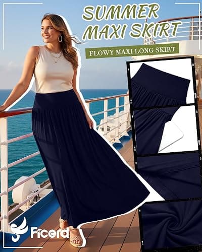 Ficerd 3 Pack Plus Size Maxi Skirts for Curvy Women Pockets Casual 2026 Boho Summer Flowy Long Skirt a Line High Waist Dress thumbnail 5