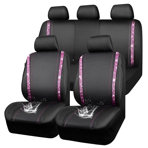 CAR PASS Bling Diamond Car Seat Covers Full Set, Shining Rhinestone Waterproof Faux Leather, Rear with Zipper, Universal Fit Automotive Glitter Crystal Sparkle Strips for Women Girl, Black Pink - Image 1