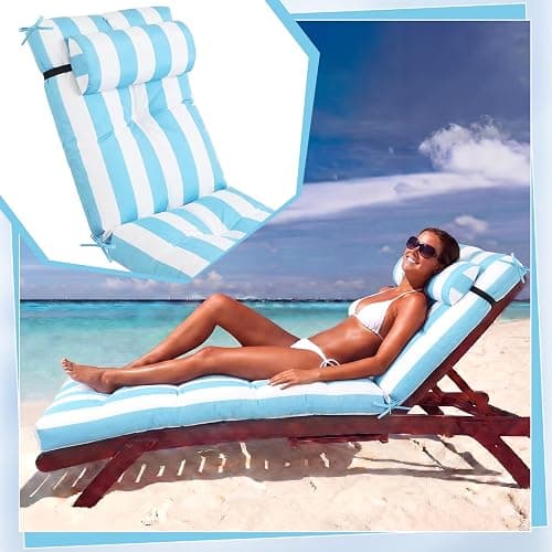 Wenqik Set of 2 Outdoor Chaise Lounge Cushions 76 x 22 x 6 Inch Waterproof Patio Furniture Chaise Cushion with Headrest Pillow Thick Tufted Lounge Pad for Lawn Pool Hotel(Sky Blue White Stripes) thumbnail 5