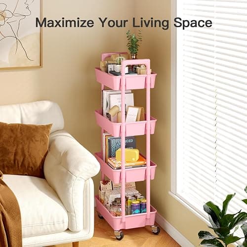 Pipishell 4 Tier Rolling Cart Organizer, Plastic Rolling Cart with Lockable Wheels & Reinforced Handle, Lightweight Utility Storage Cart for Nursery, Kitchen, Craft Room, Pink thumbnail 6