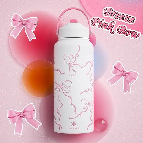 32 oz Insulated Water Bottle with Straw, Bow Water Bottle Stainless Steel with Flip Straw and Handle, Leak Proof, Metal, Reusable, Wide Mouth, for Travel, Gym and School (Breeze Pink Bow) thumbnail 4