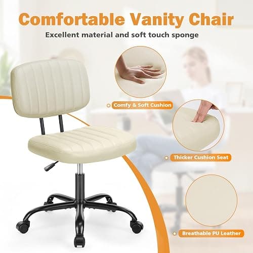 Sweetcrispy Office Desk Chair, Small Vanity Chair, Lumbar Support | Armless PU Leather, Height Adjustable Rolling Swivel Task, Bedroom Home Student, Beige White thumbnail 4