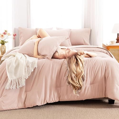 CozyLux Queen Comforter Set Blush Pink, 7 Pieces Bed in a Bag Queen Comforter Set with Sheets, Bedding Sets with Down Alternative Comforter, Fitted Sheets, Flat Sheets, Pillow Shams and Pillowcases thumbnail 4