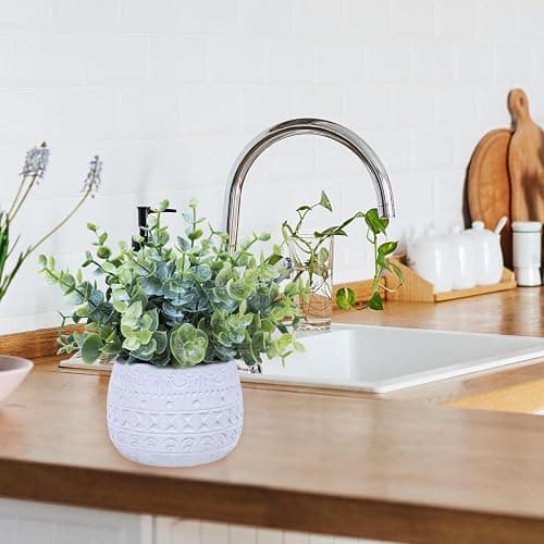 Winlyn Set of 2 Small Artificial Potted Plants Faux Eucalyptus Plant in White Geometric Ceramic Pots Small Desk Potted Plants 7.1" Tall for Home Office Room Decorations Wedding Greenery Centerpiece thumbnail 8