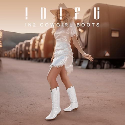 IDIFU IN2 Cowboy Boots For Women Cowgirl Knee High Western Tall Boots Chunky Low Pointed Toe Heel Boots Fashion Booties for Women Embroidered Wedding Country Concert Boots thumbnail 2