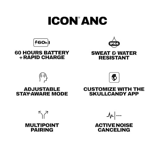 Skullcandy Icon ANC Wireless On-Ear Bluetooth Headphones, Active Noise Cancelling, 60 Hours Battery, Sweat Water Resistant, Foldable Durable Travel Ready, Microphone for iPhone Android - Bone thumbnail 9
