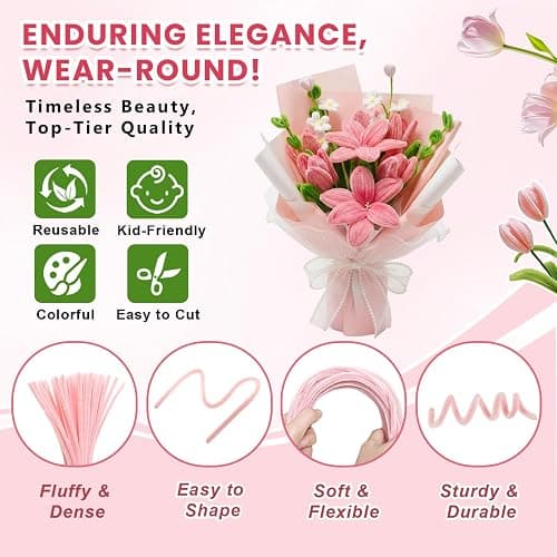 600 PCS Pipe Cleaners Craft, 6 Colors Pipe Cleaner Bulk Flower Kit, Chenille Stems Bulk with Floral Wires, Gardening Tape, Stamen, Wrapping Paper & Ribbon, DIY Art and Craft Supplies - Pink Gradient thumbnail 2