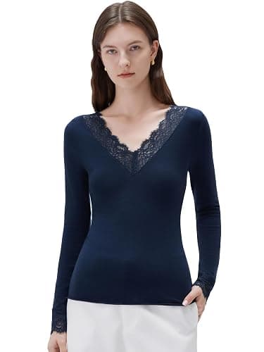 SUUKSESS Cloud Cashmere Women Basic Tops V Neck Boat Neck Lace Long Sleeve Shirt - Image 1