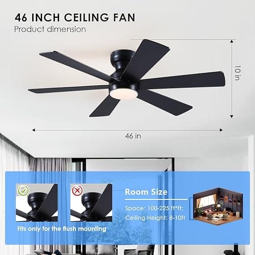 Asyko Ceiling Fans with Lights,46" Low Profile Ceiling Fan with Light and Remote Control,Flush Mount, Reversible, Dimmable, Noiseless, Black Ceiling Fan for Bedroom thumbnail 3