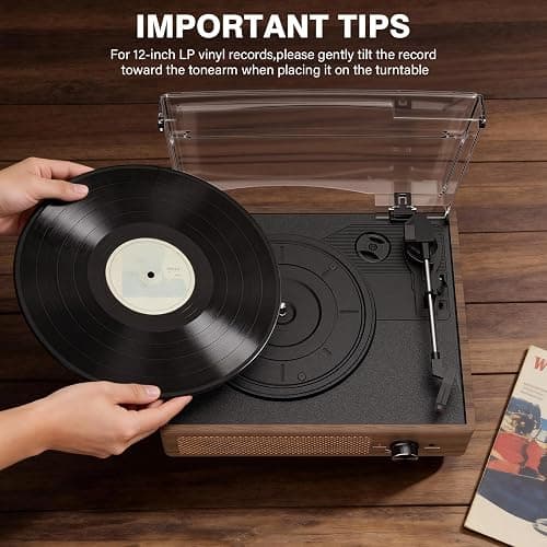 Vinyl Record Player Turntable with Built-in Bluetooth Receiver & 2 Stereo Speakers, 3 Speed 3 Size Portable Retro Record Player for Entertainment and Home Decoration thumbnail 5