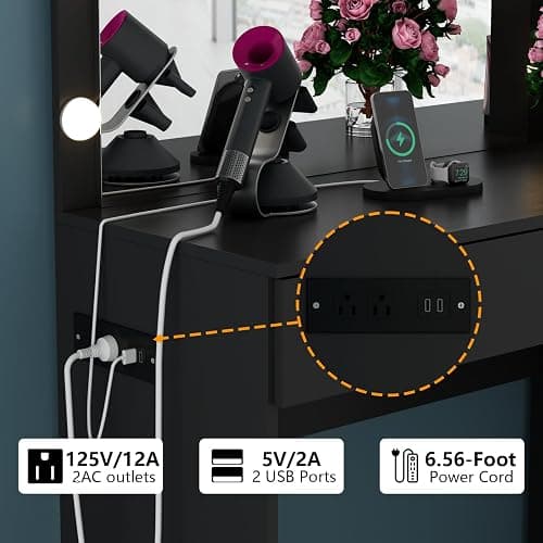 Gyfimoie 39 Inches Black Vanity Desk with Lights, 6-Drawers Makeup Vanity Table with Power Strip and Storage Shelves, Dressing Table with Lighted Mirror for Women Girls (Black) thumbnail 6