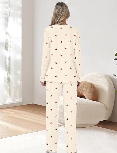 Rapbin Schlafanzug Damen Lang Pyjama Set Nachtwäsche Loungewear mit Taschen | Zweiteiliger Schlafanzüge für Damen Nachtwäsche Langarm Oberteile und Schlafhose mit Taschen Loungewear für Herbst Winter thumbnail 2