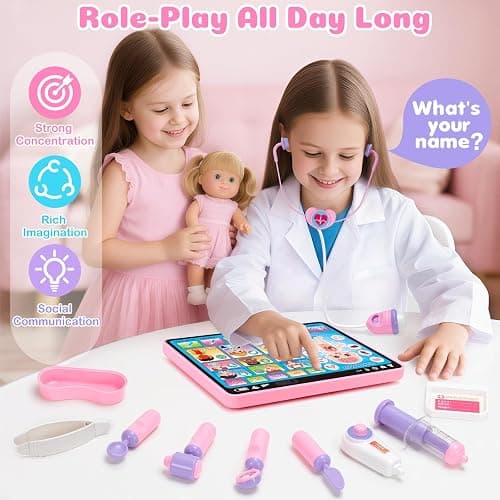 BainGesk Doctor Kit for Girls 3 Years Old, Doctor Tablet with Music & Sound, Pretend Play Doctor Set with Stethoscope, Doctor Dress Up Gifts for Kids Toddlers Ages 3-6 Years Old thumbnail 5