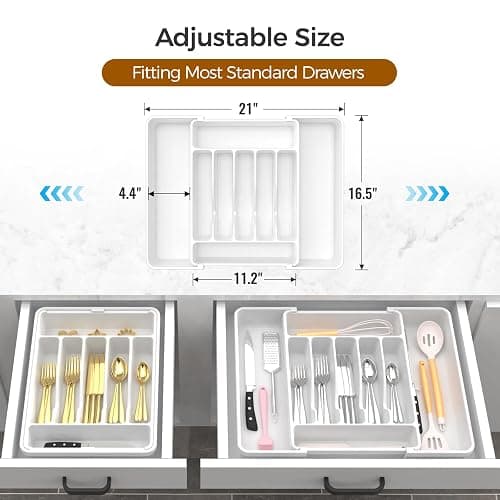 ukeetap Extra Large Expandable Silverware Organizer, BPA-Free Food-Safe Cutlery Flatware Organizer, Kitchen Utensil Drawer Organizer, Adjustable Silverware Holder for Spoons Forks Knives, White thumbnail 3