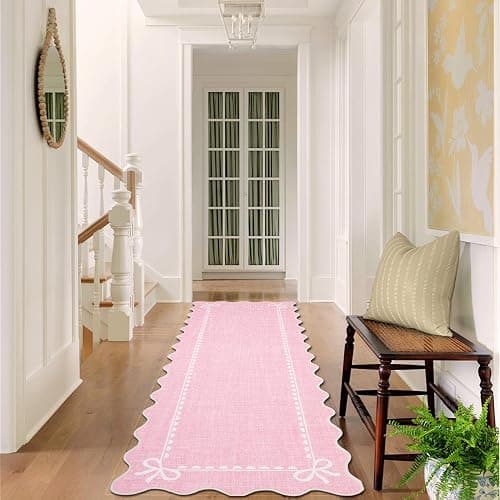 GarveeHome Scalloped Hallway Runner Rug 2.5x10 Non Slip Bedroom Rugs, Pink | Washable Bow Rug for Girls Dorm Nursery Living Room Entyrway Kitchen, Soft Low Pile Ultra-Thin Stain Resistant Indoor Carpet thumbnail 3