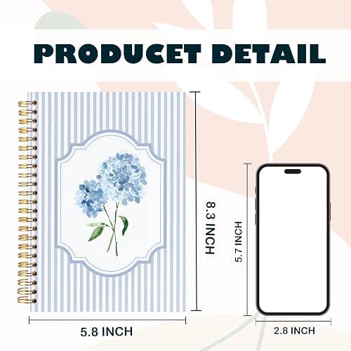 ignytiger Blue Hydrangea Notebook Journal, Hydrangea Gifts, Cute Blue and White Stripes Girly Floral Journal Spiral Notebook Aesthetic Office Supplies, 5.5x8.3 Inch thumbnail 3