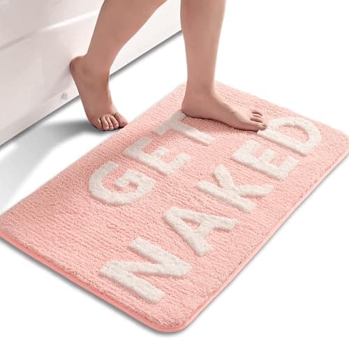 QJHOMO Get Naked Bath Mat Cute Pink and White Bathroom Rugs Funny Non Slip Bathtub Decor Mats Super Absorbent Floor Carpet Machine Washable Bahtmat for Tub, Shower, Bedroom (20x32 inch) - Image 1