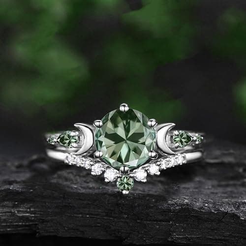 LELOUCHY 10K 14K 18K Rose Gold 2CT Gemstone Engagement Ring Set for Women 925 Sterling Silver 8mm Round Gemstone Triple Moon Goddess Art Deco Bridal Wedding Ring Set (Size 4-15) thumbnail 5
