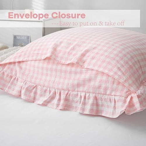 K MASANIJI 2 Pack Blush White Plaid Ruffle Gingham Pillow Shams Standard Size, 100% Washed Cotton Checkered Farmhouse Pillowcases for Bed/Sofa - 20''x26'' thumbnail 4