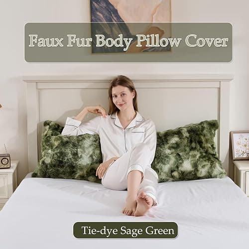 20"x54"Luxury Shaggy Faux Fur Body Pillow Cover,Bubble Fluffy Plush Bed Body Pillowcase with Zipper Closure,Plush Long Pillow Cover for Home Bedroom Pregnant Women Side Sleeper-Tie-dye Sage Green thumbnail 3
