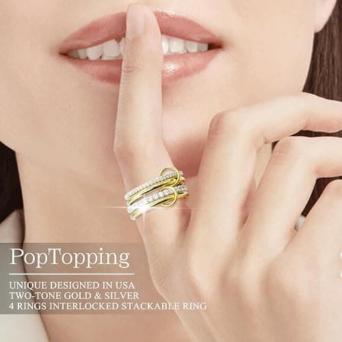 PopTopping 18K Gold Plated Stackable Rings Silver And Gold Stackable Ring Set For Women Cubic Zirconia Stacking Rings For Wedding Engagement Birthday Valentine's Day Mother's Day Gift thumbnail 3