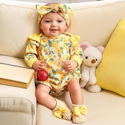BABESIDE 3 Pcs Reborn Baby Doll Clothes for 17-22 Inch Baby Dolls | Floral Pattern Reborn Doll Clothes with Shoes and Headband for Lifelike Reborn Baby Dolls Accessories, Yellow thumbnail 9