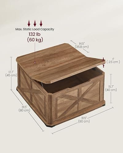 VASAGLE LIRY Collection - Farmhouse Coffee Table with Storage, Square Center Coffee Table for Living Room, with Hidden Compartment, Flip-Top Lids, Honey Brown ULCT232K41 thumbnail 3
