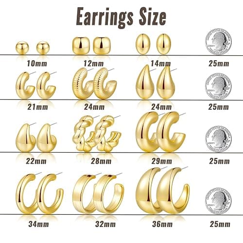 12 Pairs Chunky Gold Hoop Earrings for Women Trendy, Gold Plated Lightweight Hypoallergenic Stack, Thick Open Twisted Huggie Hoops Earring Set thumbnail 6